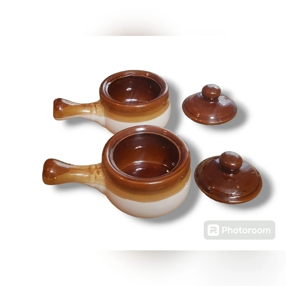 Vintage Brown Drip Stoneware Mini Crock W/ Lid & Handle Set of Two Soup